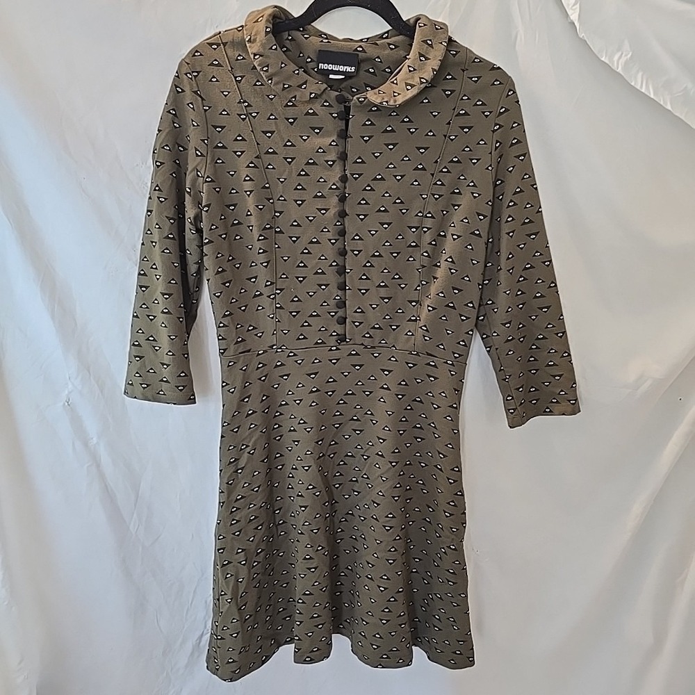 Nooworks Button Front Bodice 3/4 Sleeve All-seeing Eye Pattern Dress Sz L Green
